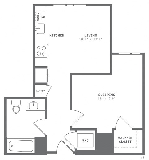 Floor plan for 1 bed, 1 bath, 582 sqft